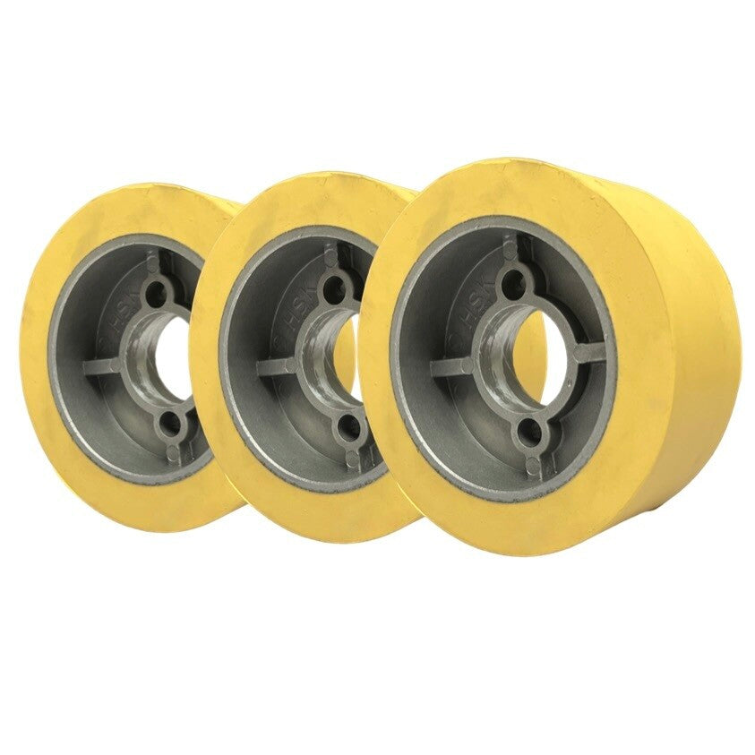 3 Stück HolzHer PUR Vorschubrollen 110 x 50 mm HighGrip Polyurethan (PU R) mit Aluminiumkern – Ø35 mm Bohrung – Teilkreis 8,5 x 48,5