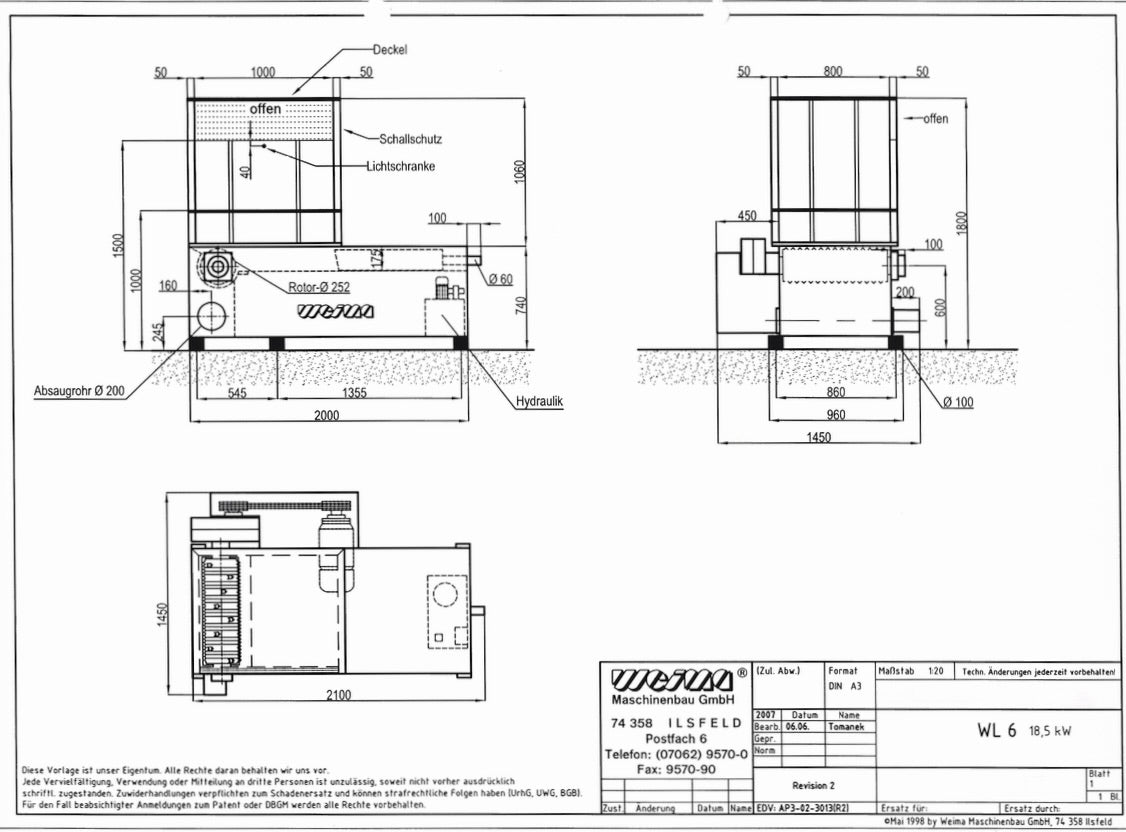 WEIMA WL 6 Einwellen-Zerkleinerer Masch.-Nr. 500-8079 – Holzzerkleinerer 18,5 kW