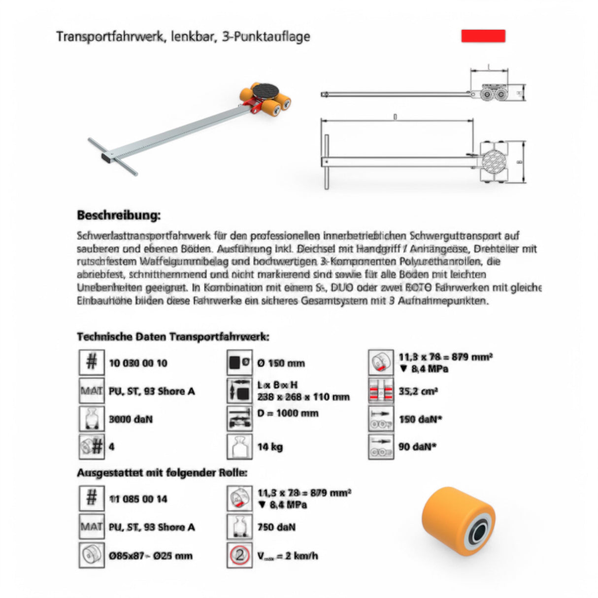 Transportfahrwerk Panzerrollen  Set HTS ECO-Skate I30L+S / 6t Traglast