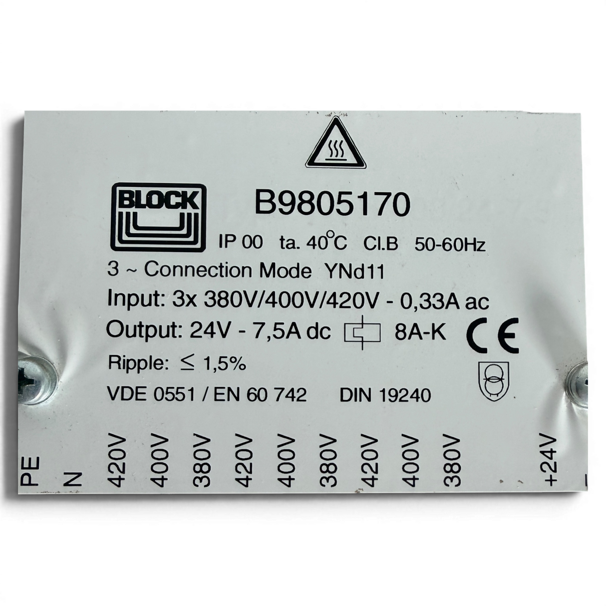 BLOCK Dreiphasen-Steuertransformator 24V DC 7,5A Art.-Nr. B9805170