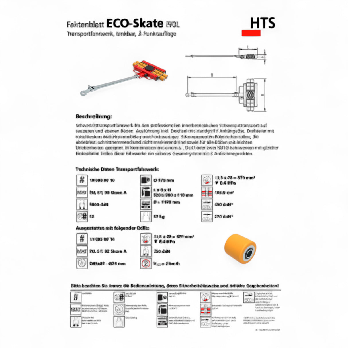 Transportfahrwerk Panzerrollen  HTS ECO-Skate I90L+S / 18t Traglast
