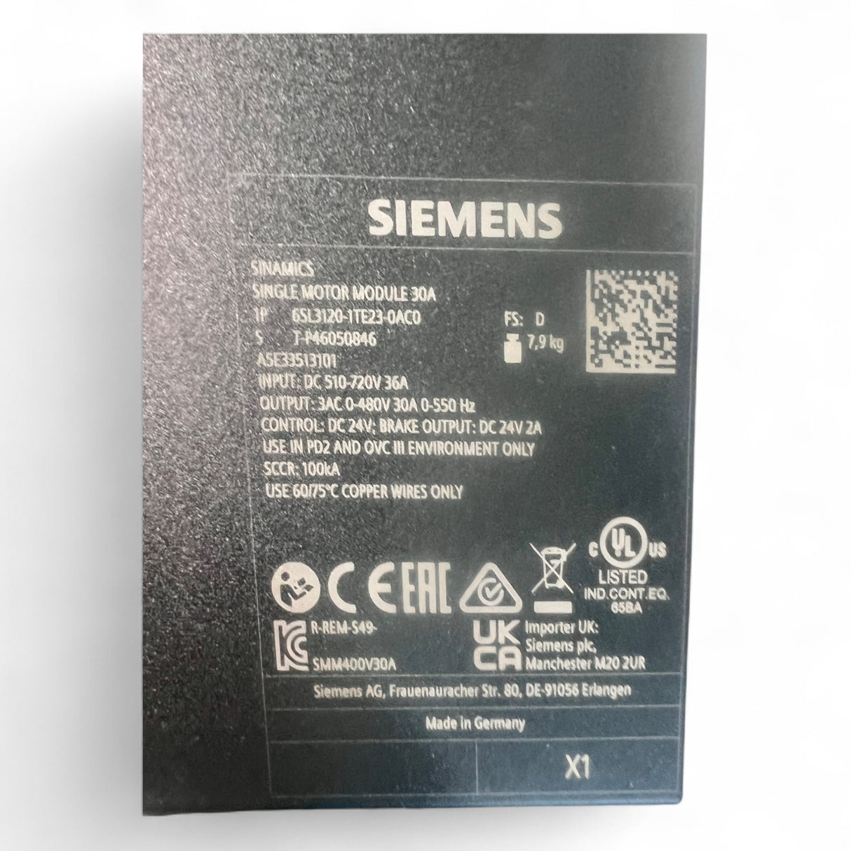 SIEMENS SINAMICS SINGLE MOTOR MODULE 30A ESL3120-ITE23-OACO HOMAG BOF BAZ