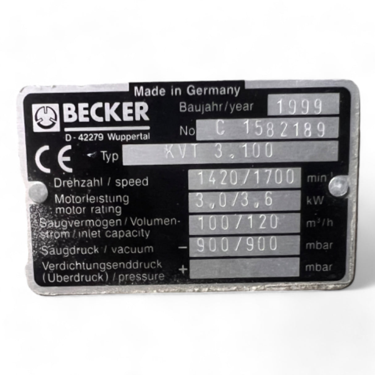 BECKER KVT 3.100 Trockenlaufende Drehschieber-Vakuumpumpe ÜBERHOLT