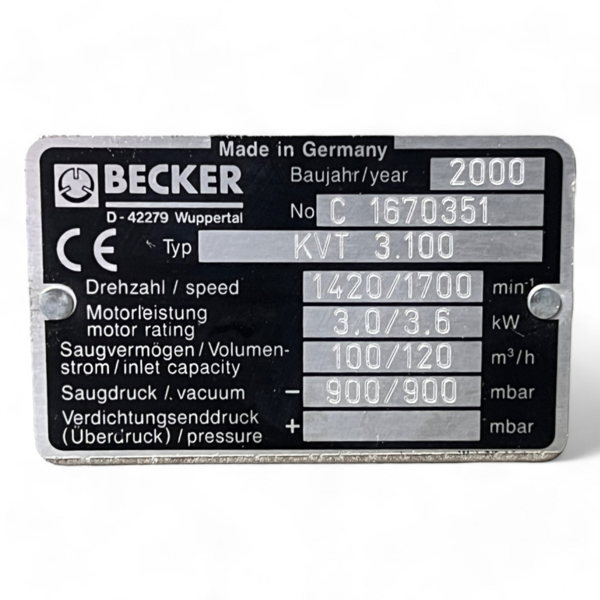 BECKER KVT 3.100 Trockenlaufende Drehschieber-Vakuumpumpe ÜBERHOLT